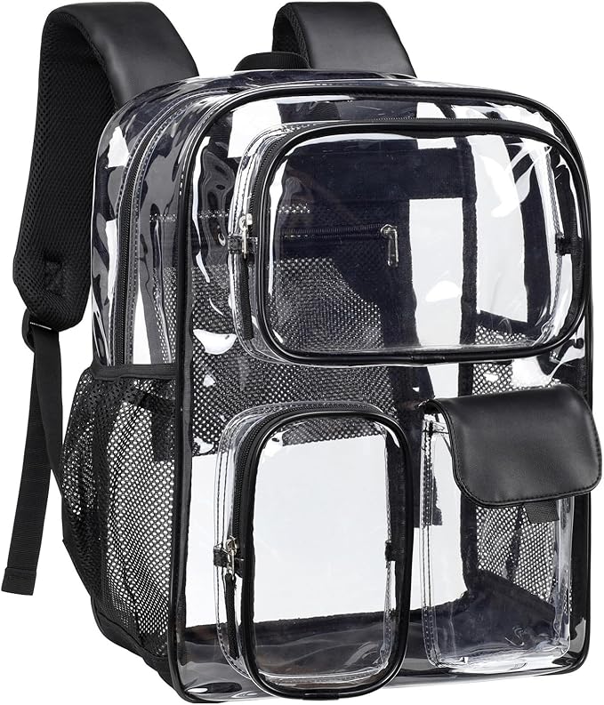 PACKISM 17 inch Large Clear Backpack - Transparent PVC Student Backpacks for School, with 3 Front Pockets