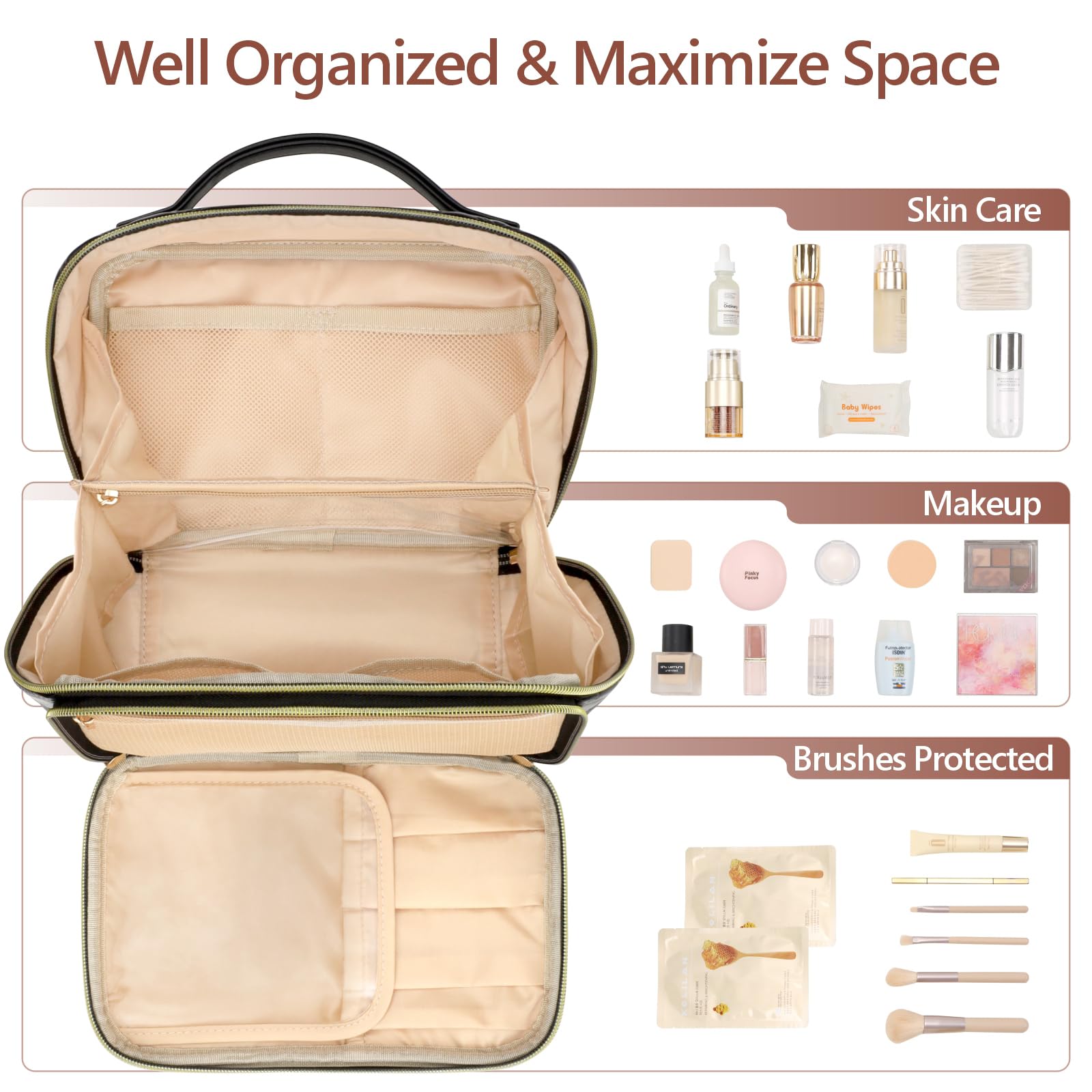 beige travel makeup bag PACKISM PU Leather Travel Makeup Bag for Women