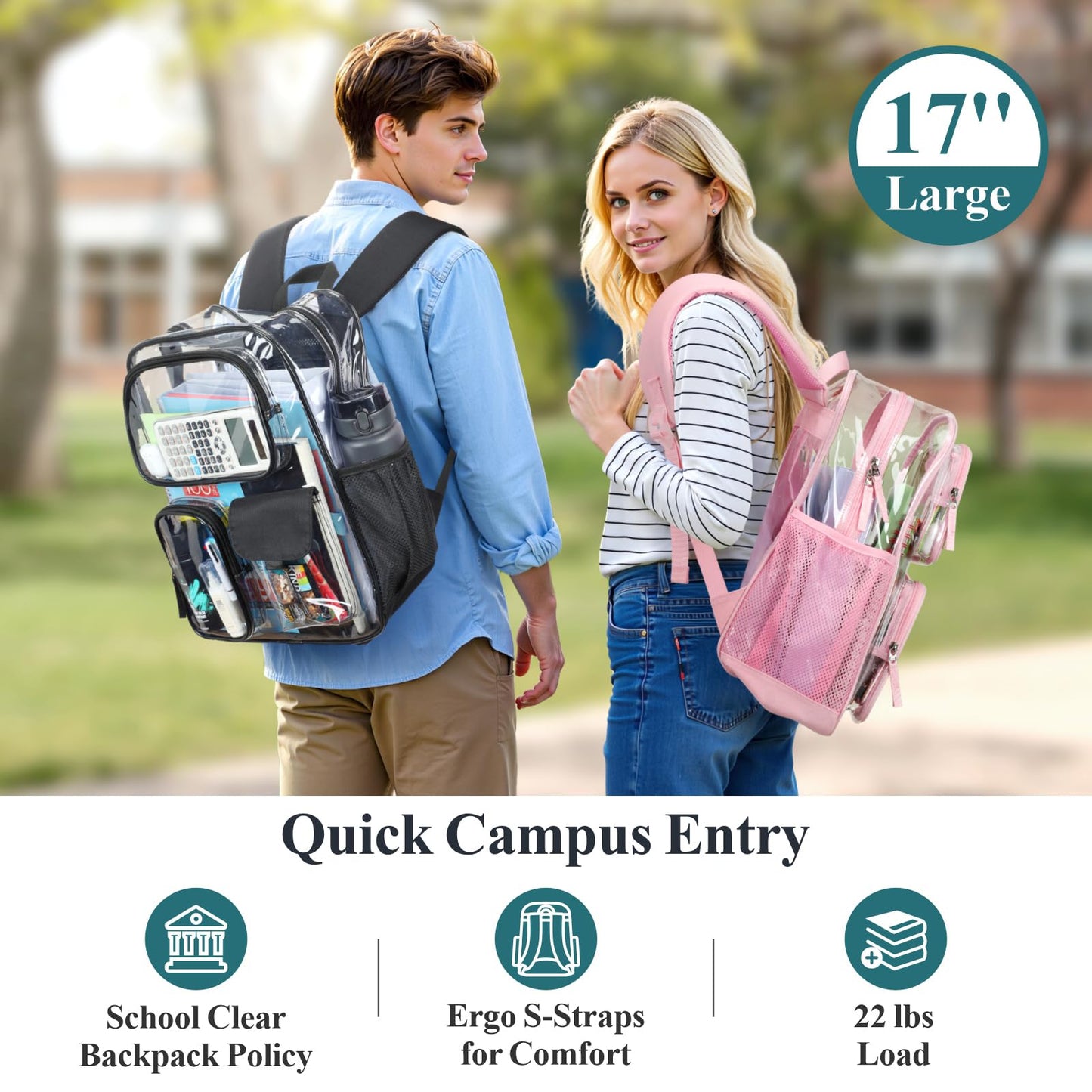 PACKISM 17 inch Large Clear Backpack - Transparent PVC Student Backpacks for School, with 3 Front Pockets