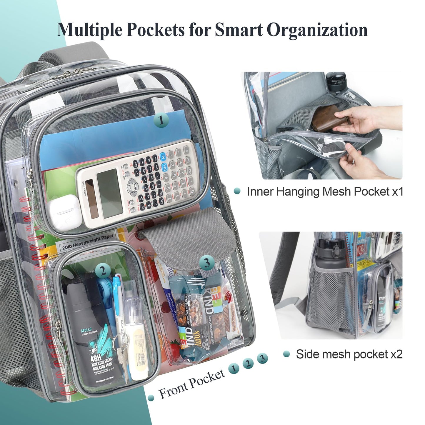 PACKISM 17 inch Large Clear Backpack - Transparent PVC Student Backpacks for School, with 3 Front Pockets